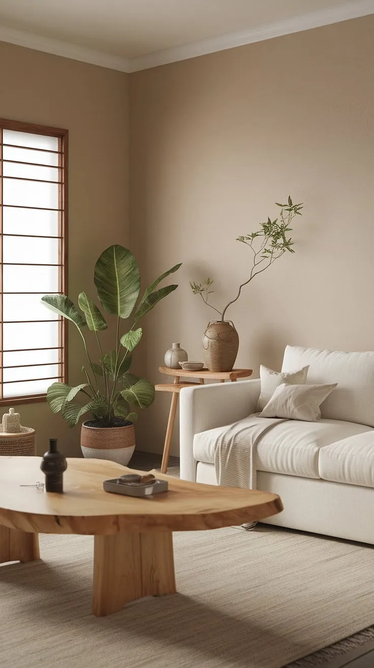 A haven of tranquility. This Japandi-inspired living room seamlessly merges Japanese minimalism with Scandinavian functionality. The natural textures, subtle colors, and thoughtful placement of plants and decorative pieces foster a sense of peace and harmony. A true sanctuary for the soul.