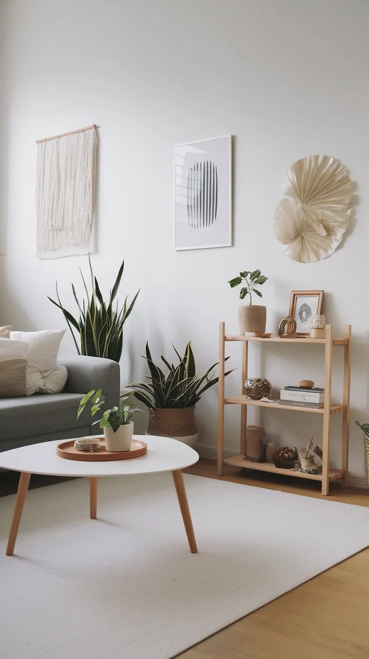 Serene simplicity defines this zen living room. The neutral color palette, clean lines, and thoughtful placement of natural elements-like the potted plants-cultivate a peaceful ambiance. The Japandi aesthetic is flawlessly executed, offering a sanctuary of calm and understated elegance.