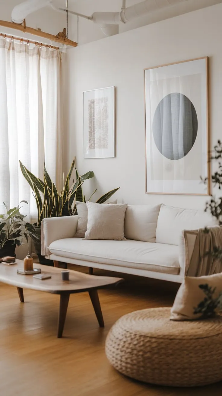 Find your calm in this serene Japandi-inspired living room. The minimalist design, featuring a crisp white sofa and warm wood accents, creates a space of tranquility and understated elegance. A perfect blend of Japanese and Scandinavian aesthetics, it's a haven for relaxation and mindful living.