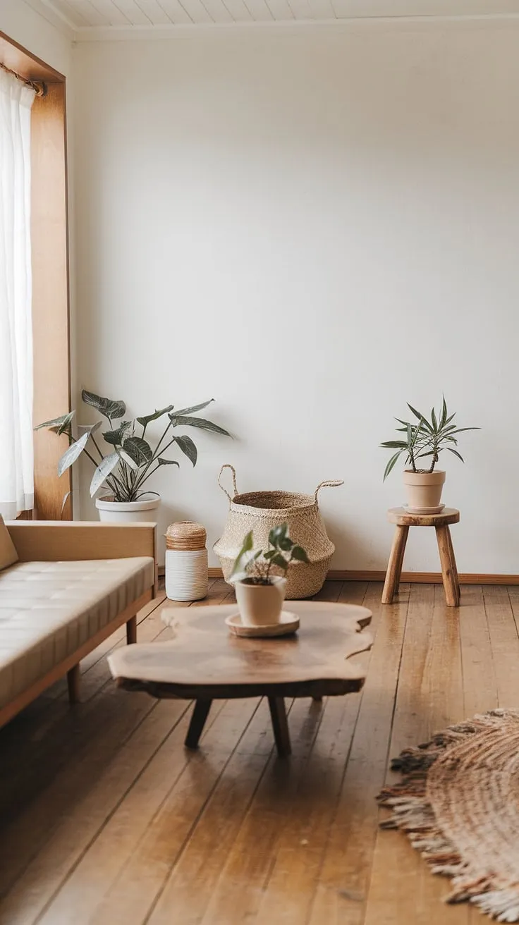 This Japandi-inspired living room is a testament to the beauty of simplicity. A carefully curated selection of natural materials, from the warm wood tones to the soft beige upholstery, creates a tranquil atmosphere. The subtle pops of greenery add a touch of life, while the clean lines and uncluttered space promote a sense of calm and well-being. A true haven for the soul.