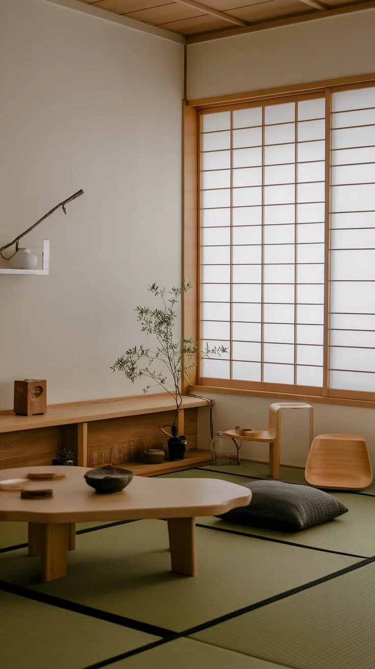 Find your center in this serene Japandi living room. The minimalist design, featuring a low wooden table and tatami mat flooring, creates a space of calm and tranquility, perfect for mindful moments and quiet contemplation. A touch of nature, represented by the small plant, adds to the overall sense of peace.