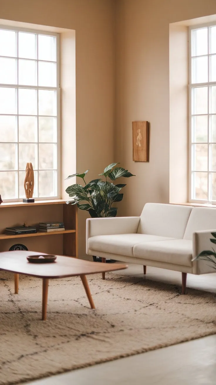 Find your inner peace in this minimalist zen living room. The soft beige walls, natural light, and carefully curated pieces-a wooden coffee table, a plush rug, and a touch of greenery-combine to create a space that is both beautiful and deeply calming. A true haven for rest and rejuvenation.