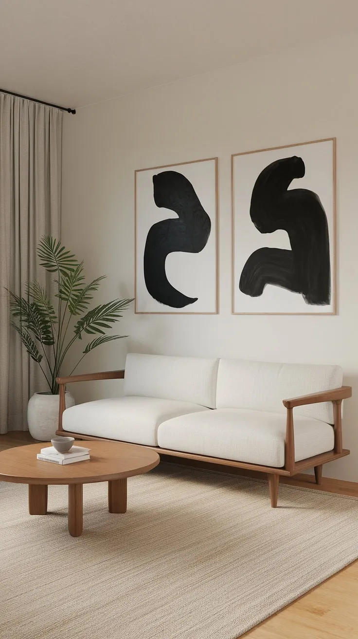 Find your calm in this serene Japandi-inspired living room. The minimalist aesthetic, featuring a soft beige rug, white sofa, and carefully chosen artwork, creates a space that is both stylish and effortlessly peaceful. A perfect blend of functionality and understated elegance.