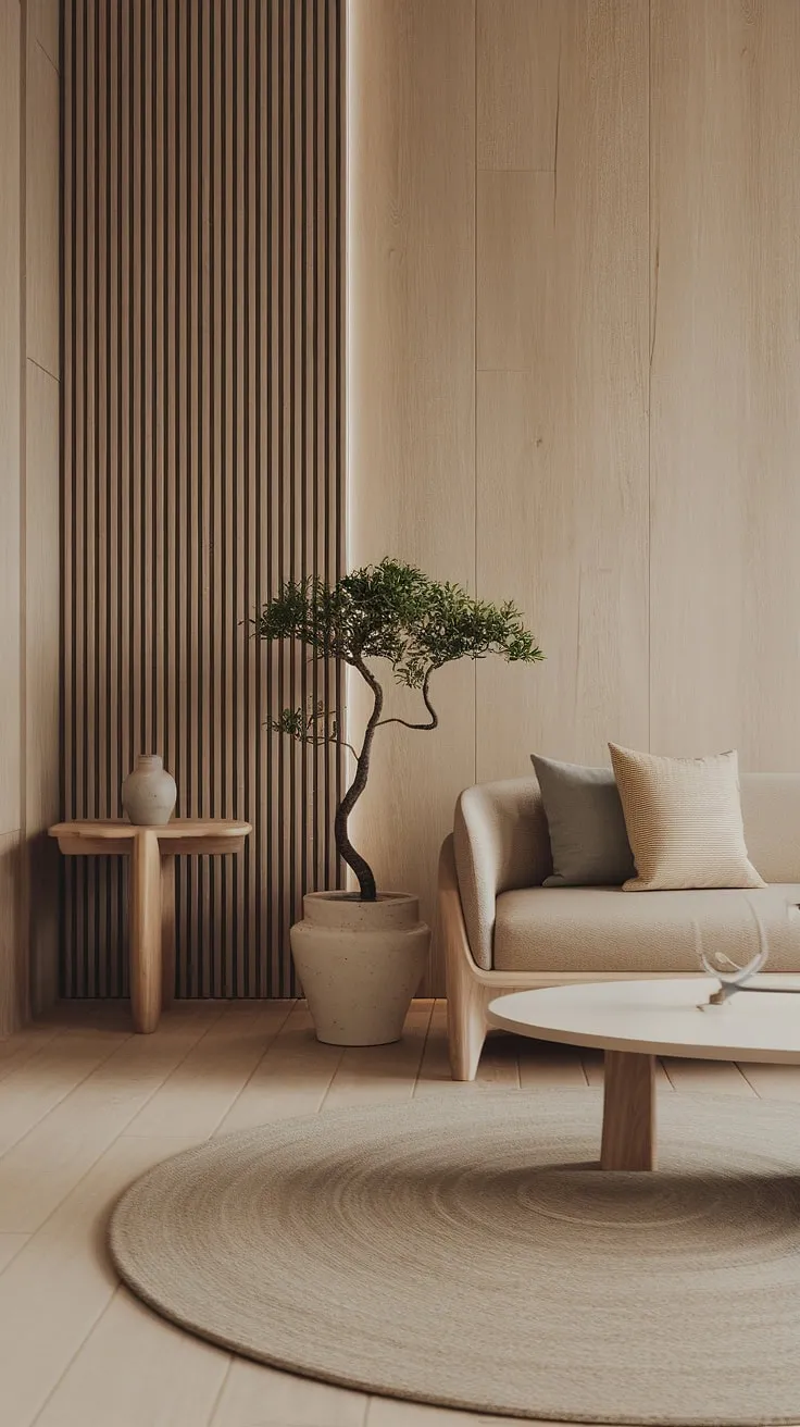 Embrace the serenity of a minimalist zen space. Light wood floors and walls create a bright and airy feel, complemented by a neutral beige sofa and carefully chosen accents. The subtle details, from the bonsai tree to the ceramic vase, speak volumes about the thoughtful design. This is more than just a living room; it's a sanctuary for peace and quiet.