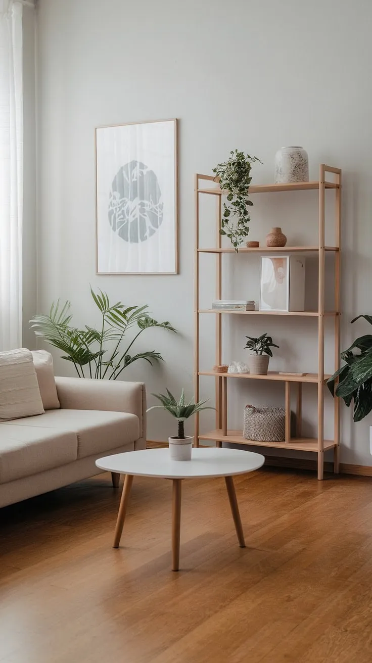 This minimalist living room embodies the essence of Japandi design. A harmonious balance of light and shadow, natural materials, and carefully curated details create a space that feels both spacious and inviting. The subtle textures and calming color palette offer a sense of tranquility, making it the ideal retreat after a long day.