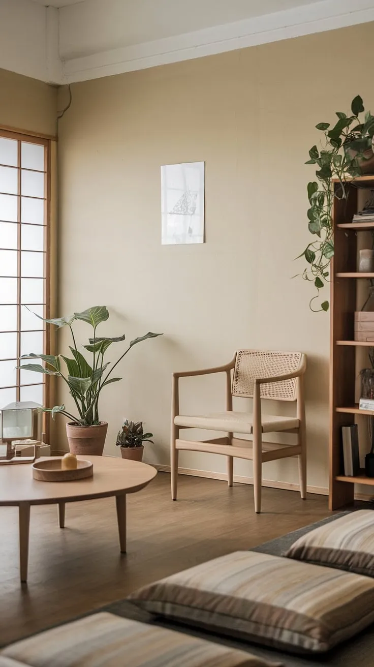 Find serenity in this Japandi-inspired living room. The minimalist design, featuring natural wood floors and a muted beige palette, creates a tranquil atmosphere perfect for relaxation and mindful living. A few carefully chosen plants add a touch of life to the space, enhancing the overall sense of calm.