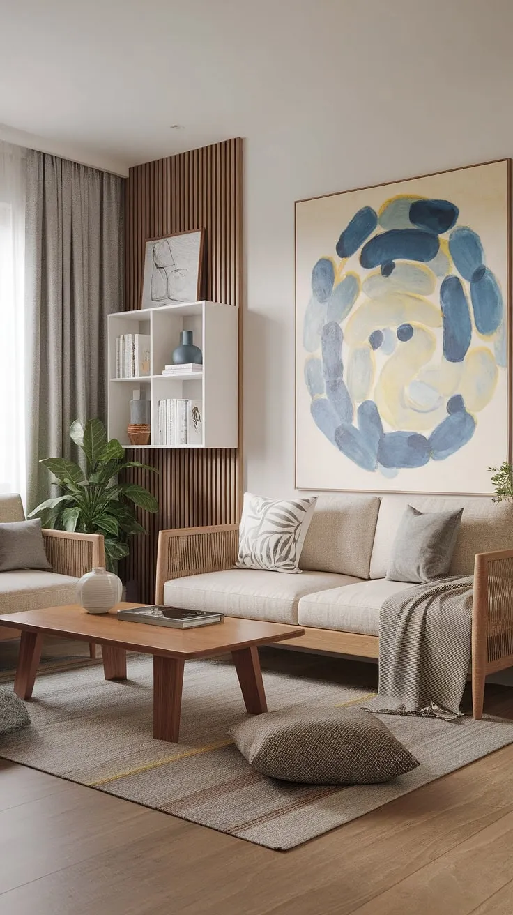 Find serenity in this Japandi-inspired living room. The interplay of natural wood, calming beige tones, and a vibrant abstract artwork creates a space that is both minimalist and deeply inviting. A perfect blend of functionality and artistic expression, this room embodies a sense of peaceful tranquility. A quiet sanctuary awaits.