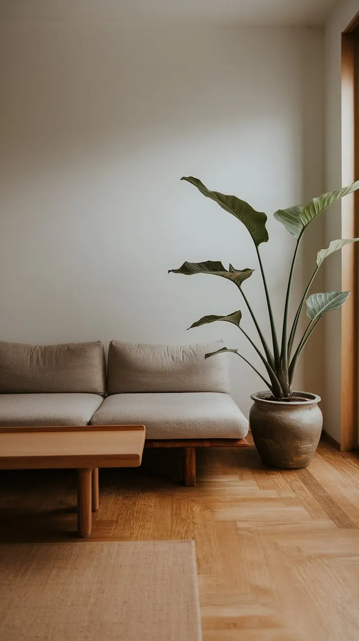 Find your calm in this serene Japandi living room. The minimalist design, featuring a low-slung sofa and a large potted plant, creates a tranquil atmosphere perfect for unwinding and embracing a sense of peace. Natural light floods the space, enhancing the warmth of the wooden floors and the overall sense of a well-being.