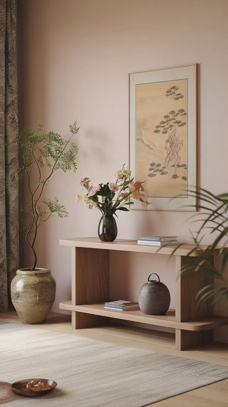 Find serenity in this Japandi-inspired living room. The minimalist design, featuring a wooden console table, a calming Japanese painting, and carefully chosen plants, creates a space of peaceful contemplation. A perfect blend of Japanese and Scandinavian aesthetics, this room embodies a sense of calm and understated elegance.