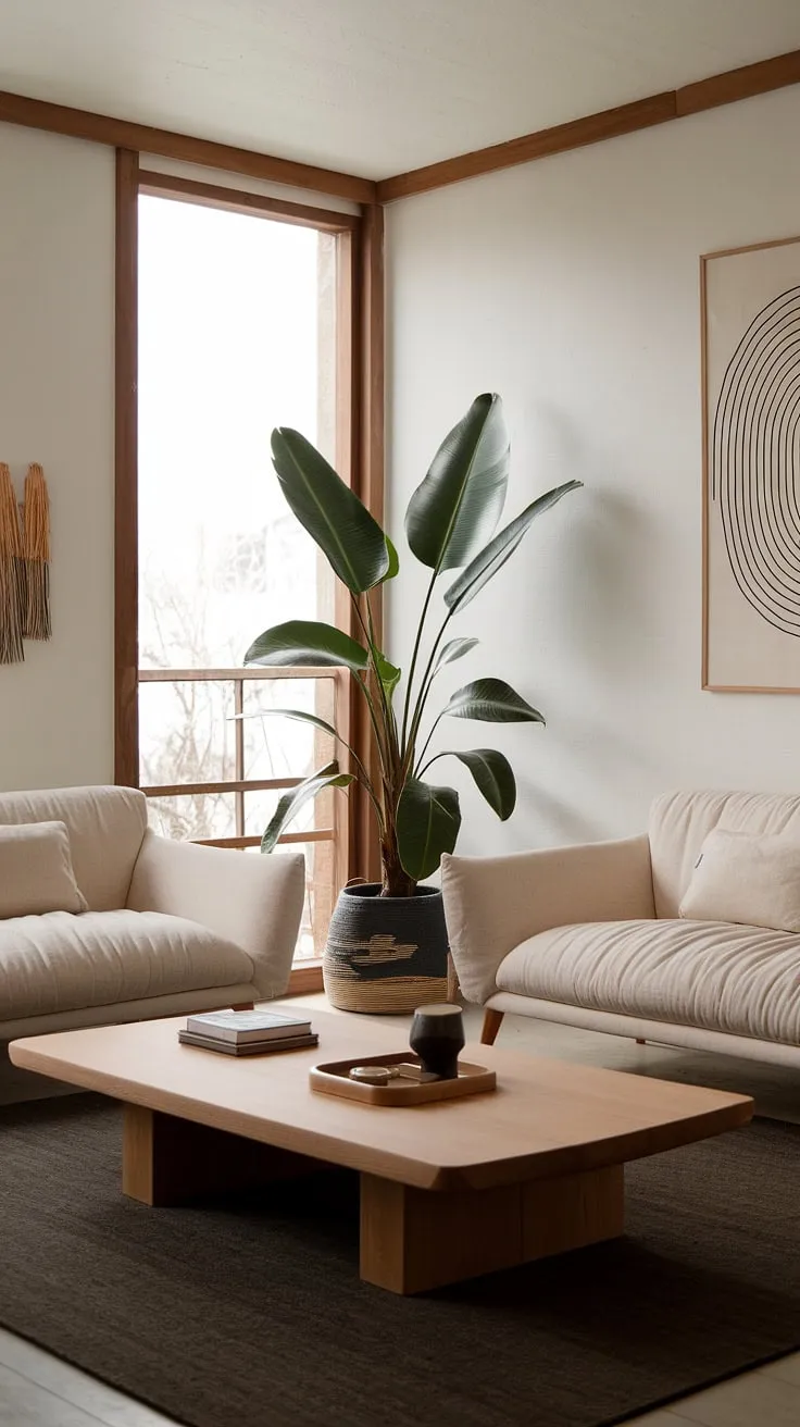 Find your center in this serene Japandi living room. The minimalist design, featuring natural materials and calming neutral tones, creates a space of tranquility and understated elegance. A perfect blend of Japanese and Scandinavian aesthetics, it's a sanctuary for mindful living.
