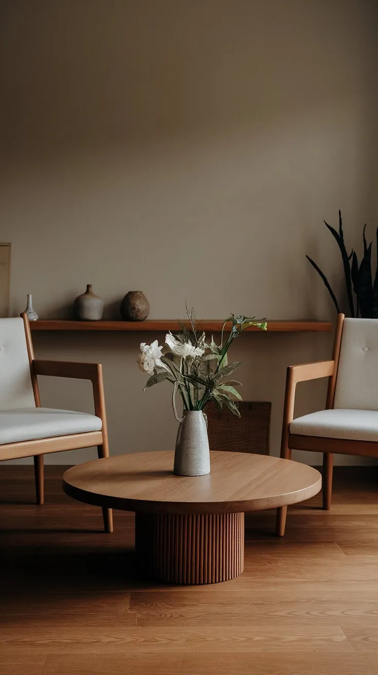 Find your calm in this Japandi-inspired living room. The minimalist design, featuring natural wood tones and a muted palette, creates a serene atmosphere perfect for relaxation and mindful living. A simple arrangement of flowers adds a touch of understated elegance.