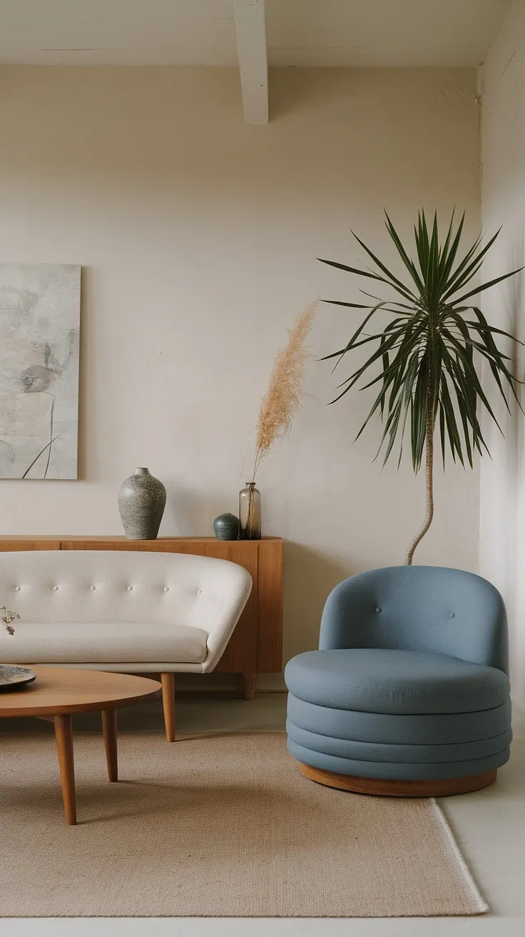 This minimalist living room effortlessly blends Japanese and Scandinavian aesthetics. The clean lines, natural wood tones, and pops of color-like the calming blue chair-create a space that feels both inviting and incredibly peaceful. A testament to the power of less, it's a haven of tranquility where you can truly unwind and appreciate the beauty of simplicity.