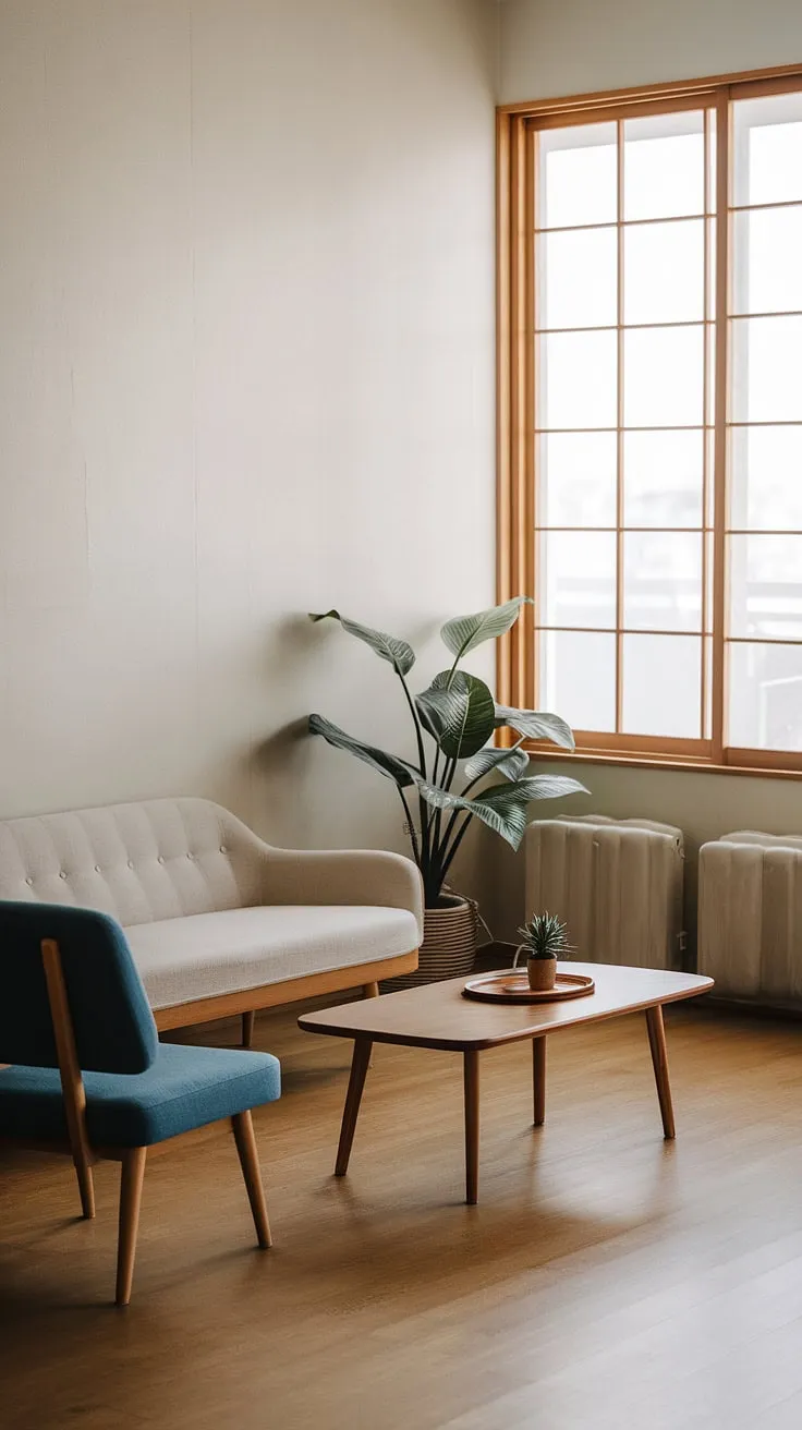 Find your calm in this Japandi-inspired living room. The neutral palette, natural wood accents, and pops of blue create a serene atmosphere perfect for relaxation and mindful living. A space designed for tranquility.