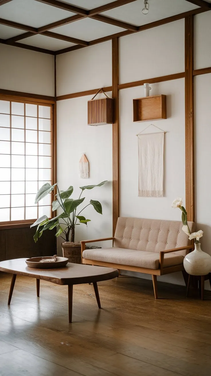 This Zen haven showcases the beauty of simplicity. A neutral palette, clean lines, and the subtle presence of nature-a potted plant, a single flower-combine to create a tranquil atmosphere. A true testament to the art of Japanese design.