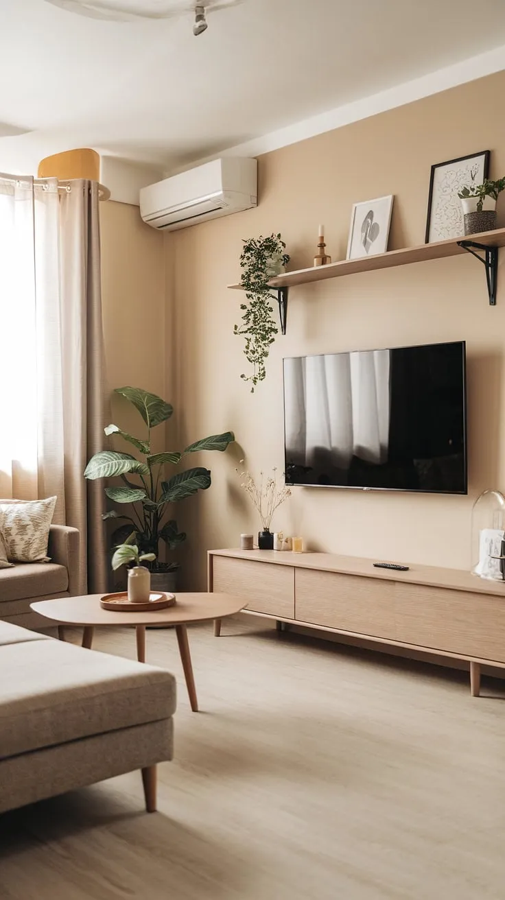 This Japandi-designed living room is a testament to the power of less. Clean lines, natural materials, and a focus on functionality combine to create a space that is both aesthetically pleasing and incredibly calming. A subtle blend of Japanese and Scandinavian influences results in a sophisticated and inviting atmosphere, perfect for unwinding after a long day. The muted beige walls and light wood flooring provide a neutral backdrop, allowing the carefully selected furniture and decor to take center stage.