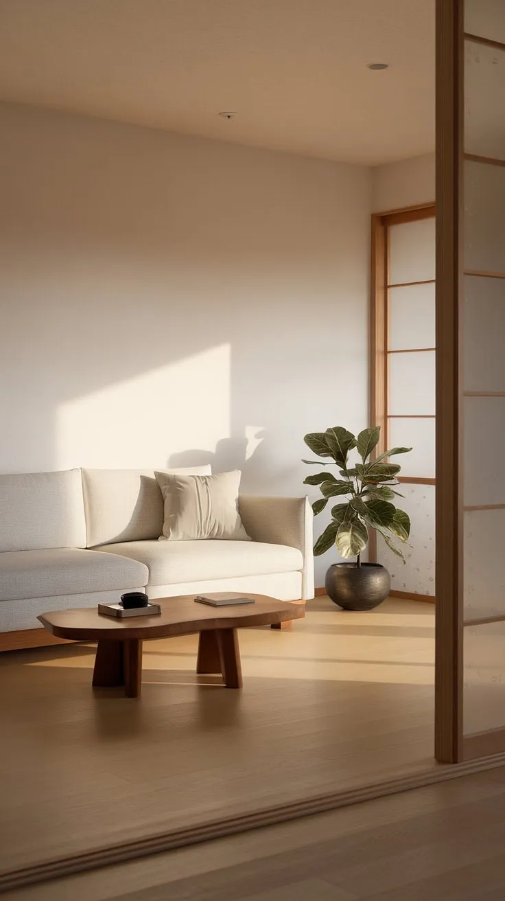 Sunlight streams into this serene Japandi living room, highlighting the minimalist aesthetic and the calming effect of natural light. The clean lines of the white sofa and wooden coffee table create a space of understated elegance, perfectly complemented by the lush greenery of the potted plant. A sanctuary of tranquility.