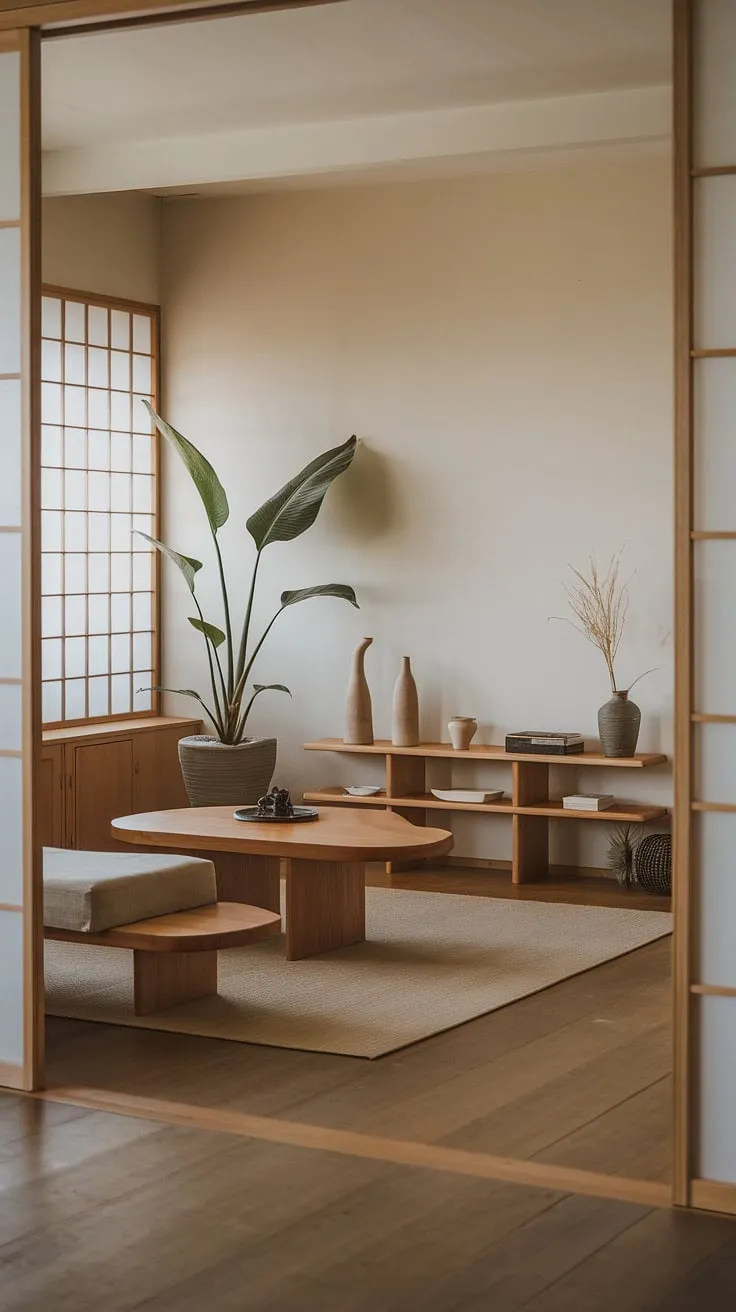 A sanctuary of serenity. This minimalist living room, with its clean lines and natural materials, embodies the essence of Japandi design. A perfect blend of Japanese and Scandinavian aesthetics, it offers a tranquil escape where you can truly relax and recharge.
