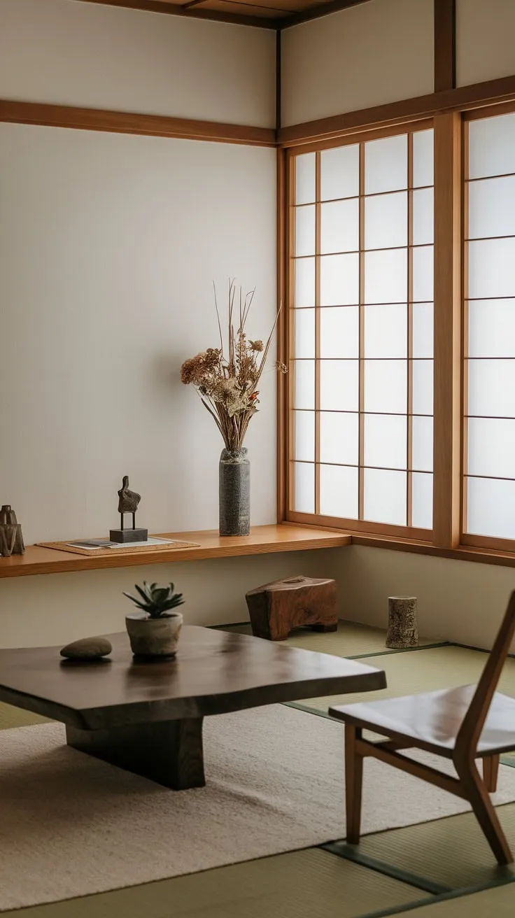 Sunlight streams through the shoji-like windows, bathing this minimalist Japanese-style room in a gentle glow. The low table, wooden chair, and carefully chosen decorations create a haven of peace and tranquility, a testament to the beauty of less. A space designed for mindful presence and inner calm.