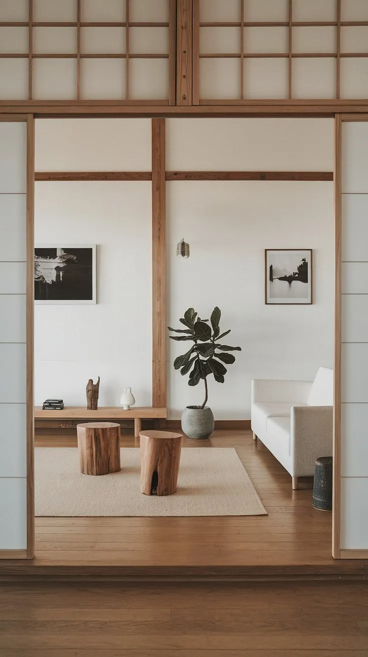 Find your calm in this Japandi-inspired living room. The minimalist design, featuring natural wood tones and a neutral palette, creates a serene atmosphere perfect for relaxation and mindful living. A testament to the beauty of less.