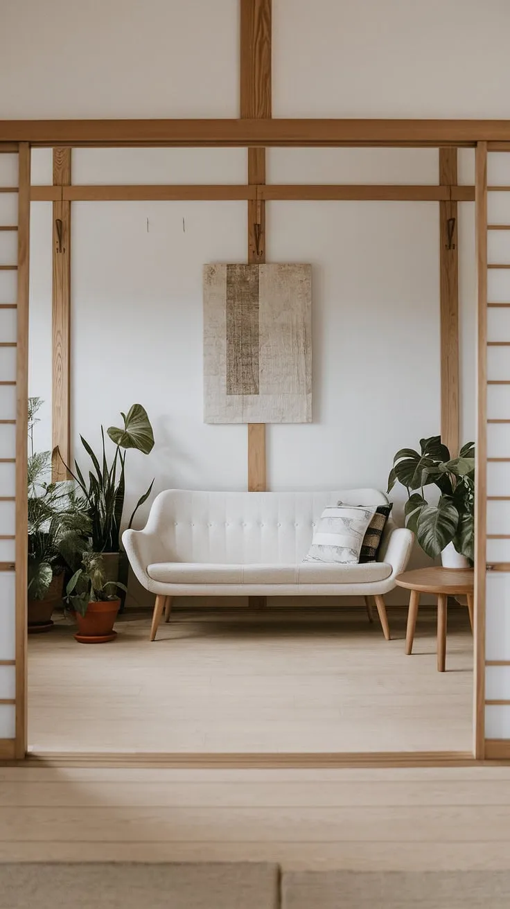 Find your center in this tranquil Japanese home. The clean lines of the mid-century modern sofa, the warm wood tones, and the subtle artwork all contribute to a feeling of peaceful serenity. A testament to the beauty of less, this space is a sanctuary for the soul.