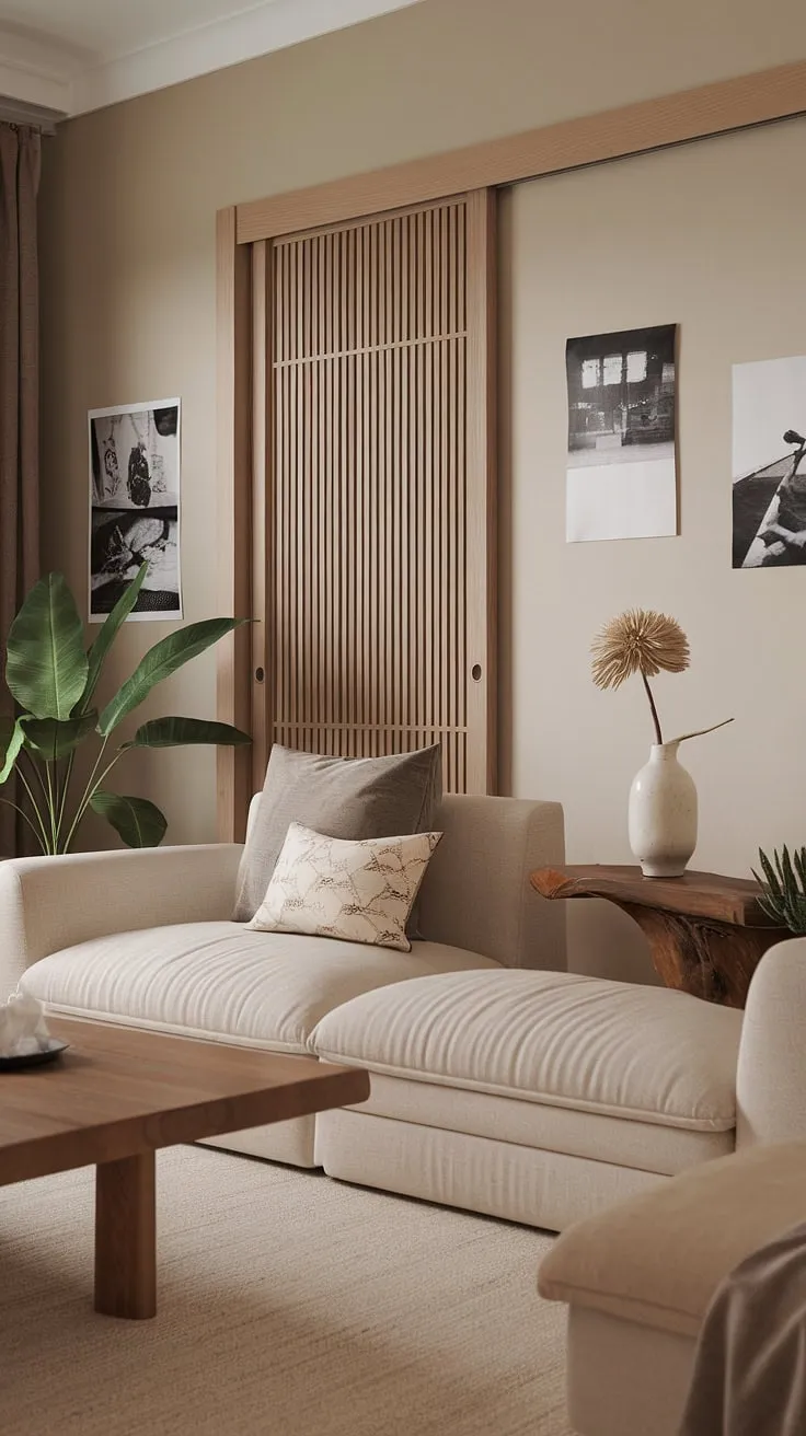 This minimalist haven embodies the spirit of Zen. The subtle interplay of textures, from the soft beige sofa to the smooth wood of the coffee table, invites relaxation and contemplation. A sanctuary for the soul, designed for mindful living.