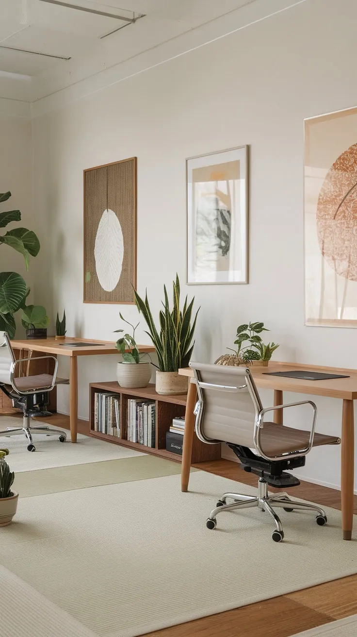 A haven of tranquility. This Japanese-inspired office, with its clean lines, natural light, and carefully curated details, promotes a sense of calm and well-being. A perfect blend of functionality and aesthetic beauty, it's a space designed for both productivity and inner peace.