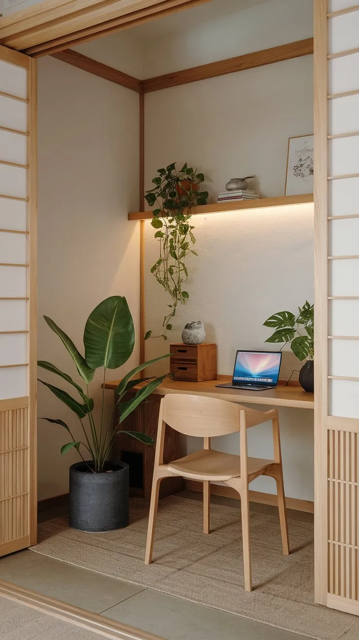 Find your focus in this serene workspace. The minimalist design, incorporating natural wood and calming greenery, creates a haven for productivity and mindful work. A perfect blend of Japanese aesthetics and modern functionality, this office inspires a sense of calm and centered energy. A sanctuary for the mind, a space for creation.