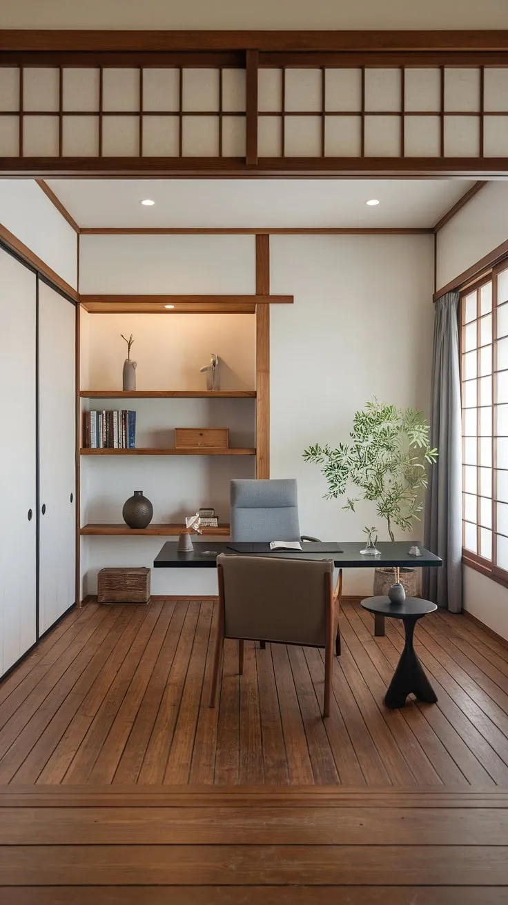 Find your focus in this serene workspace. The minimalist design, natural light, and carefully chosen elements create a haven for productivity and calm. A perfect blend of Japanese aesthetics and modern functionality, this office inspires a sense of peace and intentionality. A sanctuary for the mind, a space for creation.