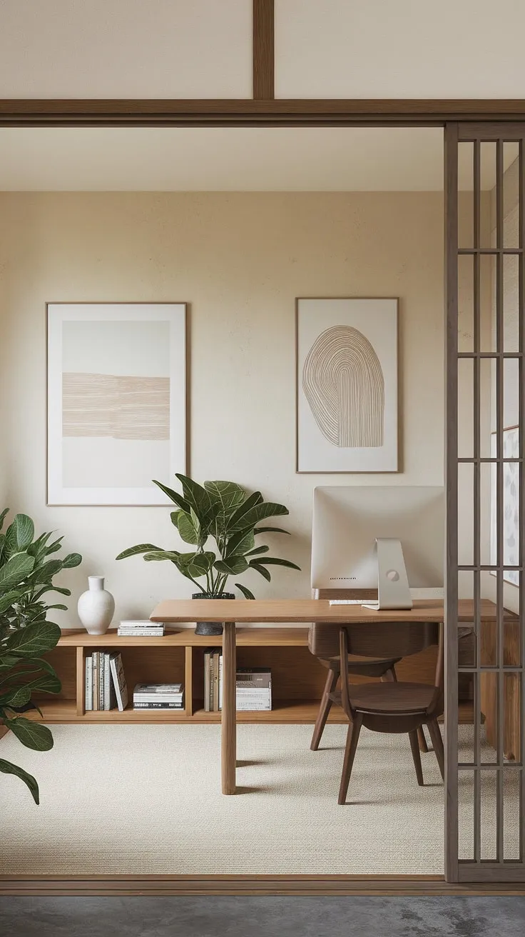 Find your focus in this serene workspace. The minimalist Japanese-inspired design, with its calming beige walls and natural wood accents, promotes a sense of tranquility and a productivity. The soft light and carefully chosen plants create an atmosphere perfect for deep work and mindful moments.