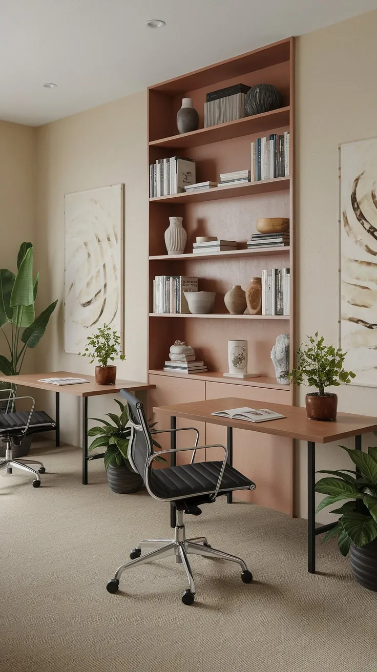 Find your focus in this serene workspace. The minimalist Japanese-inspired design, complete with calming plants and curated books, fosters a productive and peaceful atmosphere. A sanctuary for creativity and contemplation, this office embodies the principles of a – balance, simplicity, and intention.