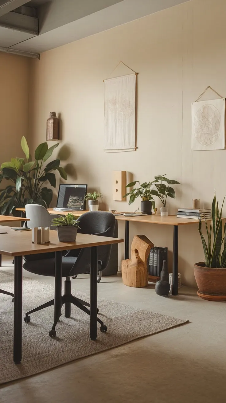 This Zen-inspired office is a testament to mindful design. A space where functionality meets serenity, it seamlessly integrates natural elements and Japanese aesthetics. The calming color palette and thoughtful placement of plants create a haven for focused work. A true reflection of balance and intentionality.