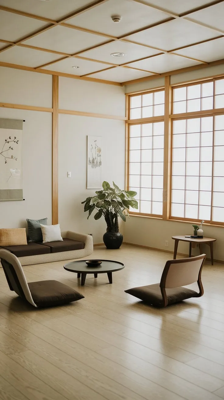 Find your focus in this serene workspace. The minimalist Japanese-inspired design, with its light wood floors and calming neutral palette, promotes a sense of tranquility and a productivity. Natural light streams through the large windows, creating an atmosphere perfect for contemplation and creative flow.