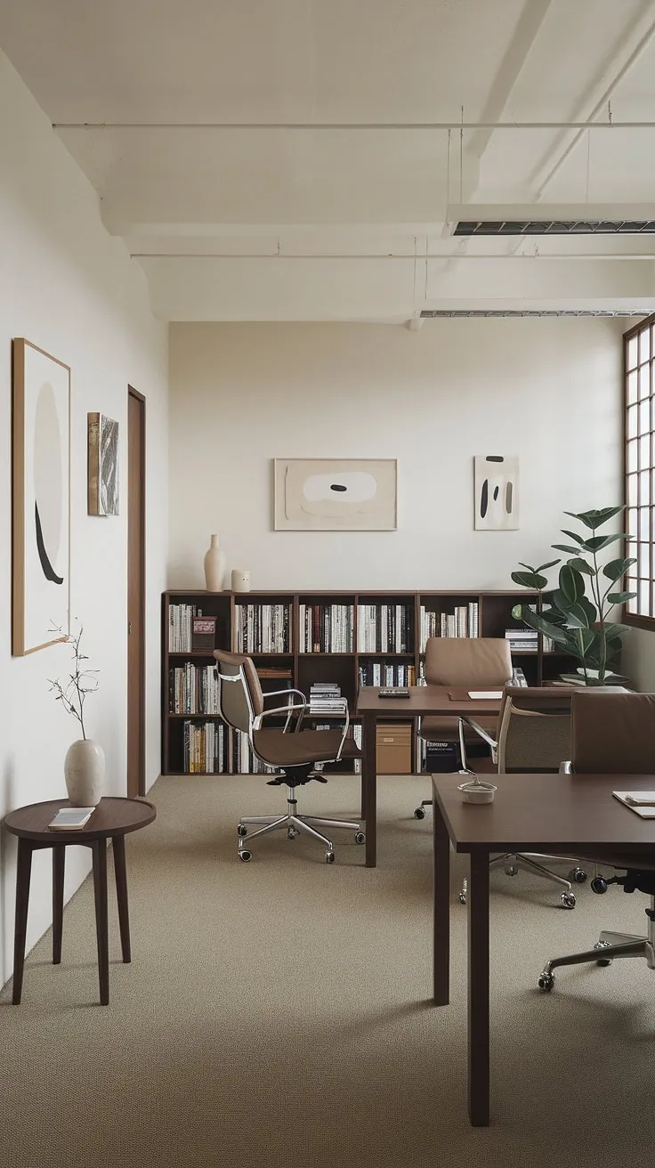 This Japanese-inspired office is a sanctuary of calm. Clean lines, natural materials, and a thoughtful arrangement of elements combine to create a space that inspires creativity and promotes a healthy work-life balance. A haven for focused work and mindful moments.