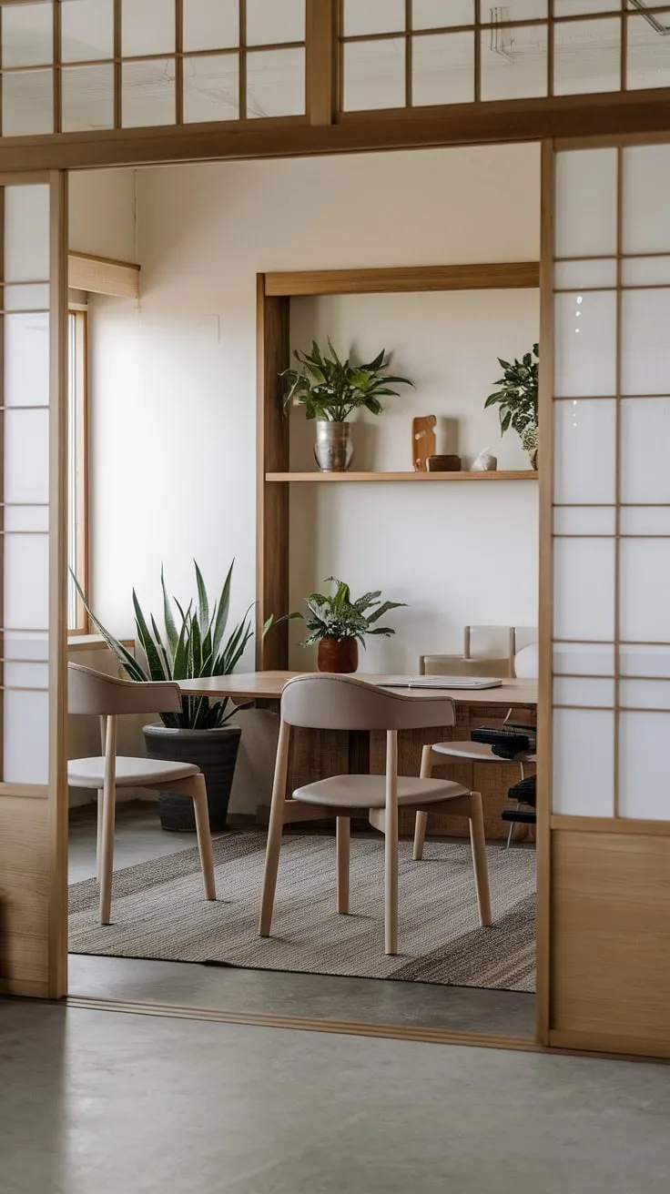 Find your focus in this serene workspace. The minimalist design, incorporating natural elements and calming Japanese aesthetics, fosters a productive and peaceful environment where creativity can flourish. A sanctuary for the mind, a haven for the soul, and a space designed for optimal a concentration.