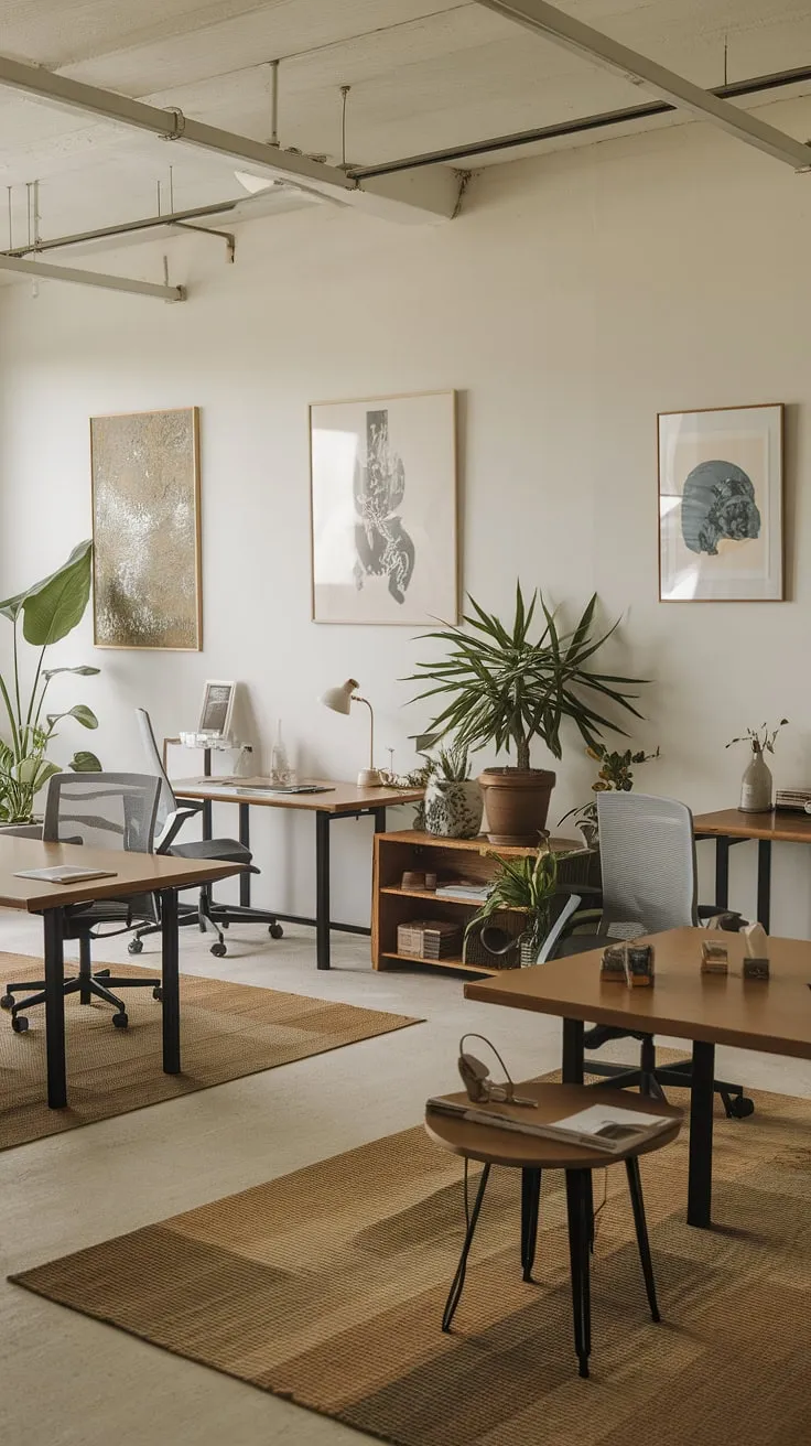 Find your focus in this serene workspace. The minimalist design, incorporating natural elements and Japanese-inspired aesthetics, promotes calm and productivity. A sanctuary for creativity, it's a space where ideas blossom.