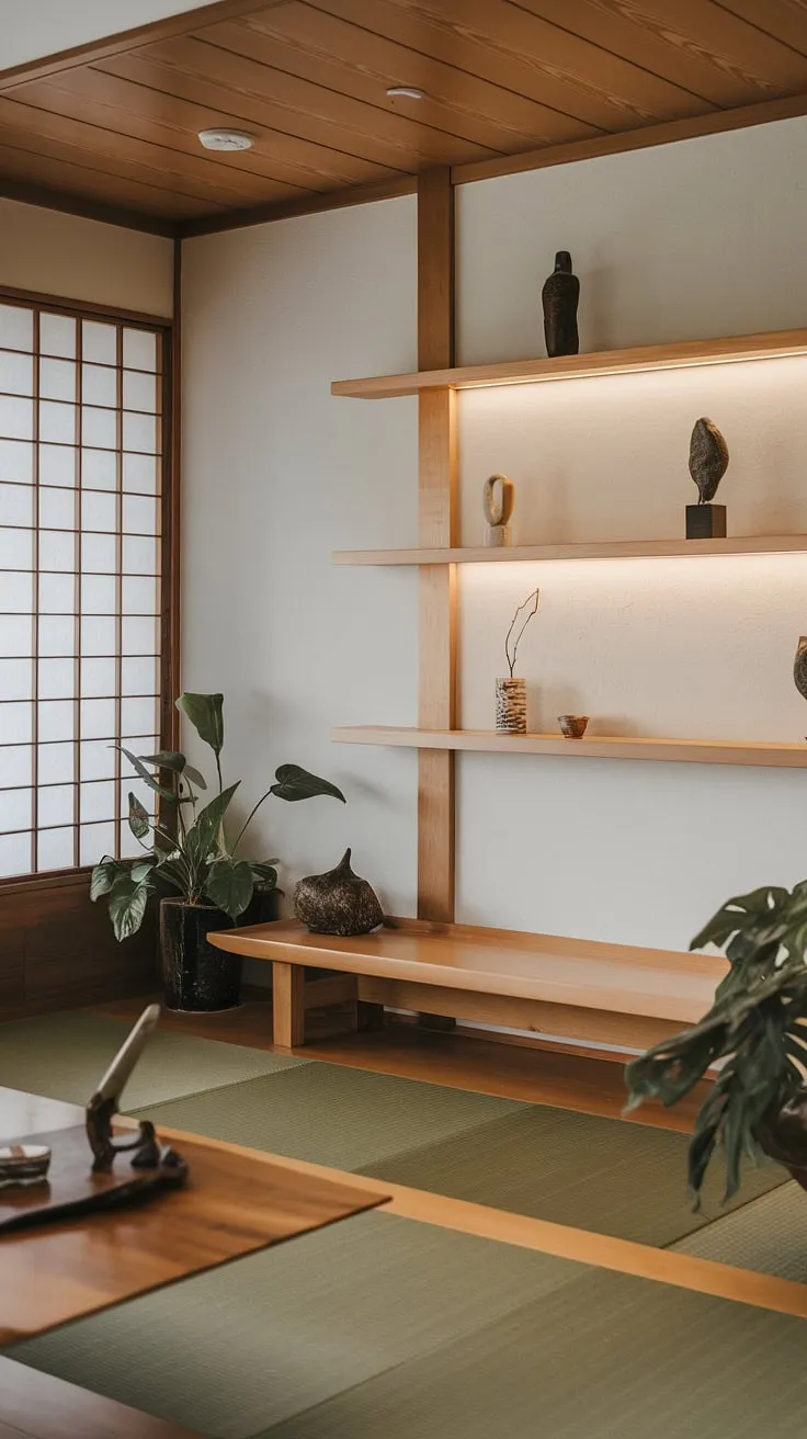 Find your focus in this serene workspace. The minimalist design, natural wood tones, and calming plants create an atmosphere of tranquility and productivity, perfect for achieving a deep sense of calm and clarity.