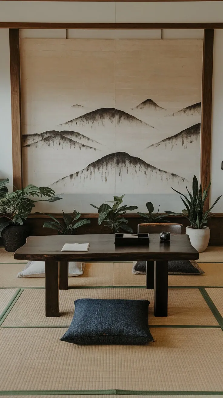 Find your focus in this serene workspace. The minimalist mountain landscape painting, low wooden table, and carefully chosen plants create a calming atmosphere perfect for deep work and mindful productivity. A sanctuary for the soul, a haven for the mind.
