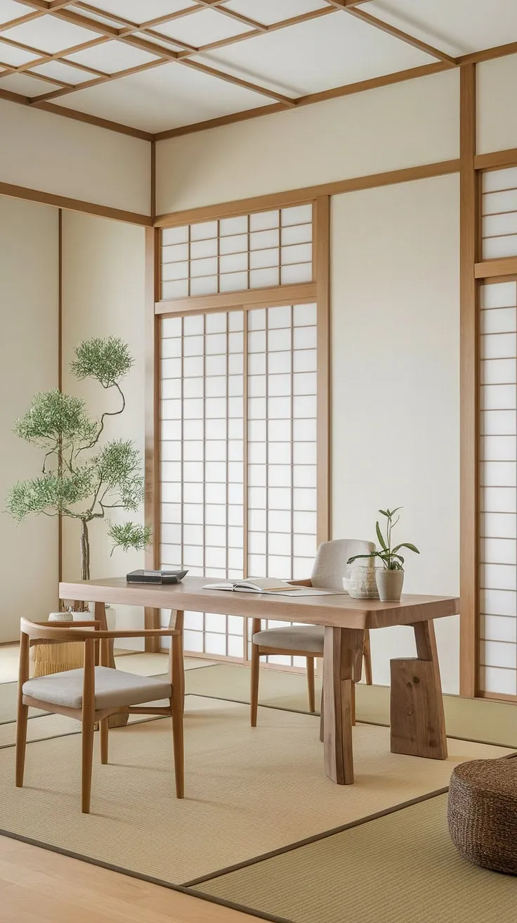 Clean lines and natural elements combine to create a zen-like office environment. The subtle Japanese influences, from the shoji screens to the carefully chosen wooden accents, foster a sense of tranquility and inspire creativity. A space designed for effortless concentration and inner peace.