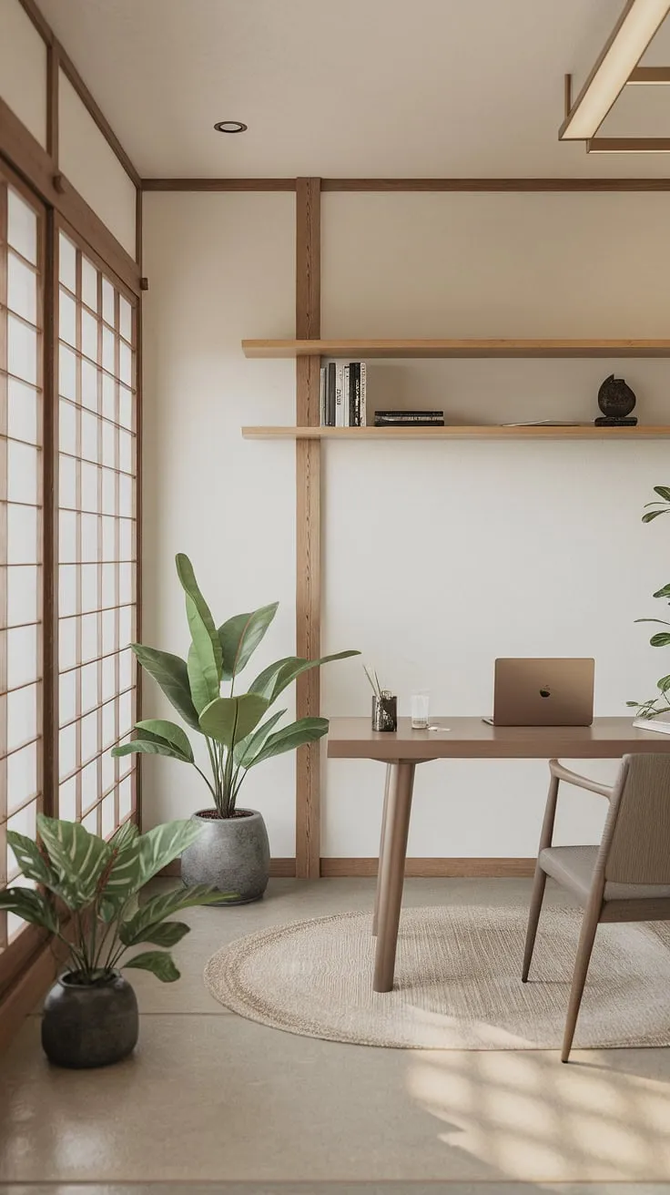 Find your focus in this serene workspace. The minimalist design, incorporating natural wood and calming greenery, creates an atmosphere of tranquility and productivity, perfect for deep work and mindful moments. A sanctuary for the modern professional.