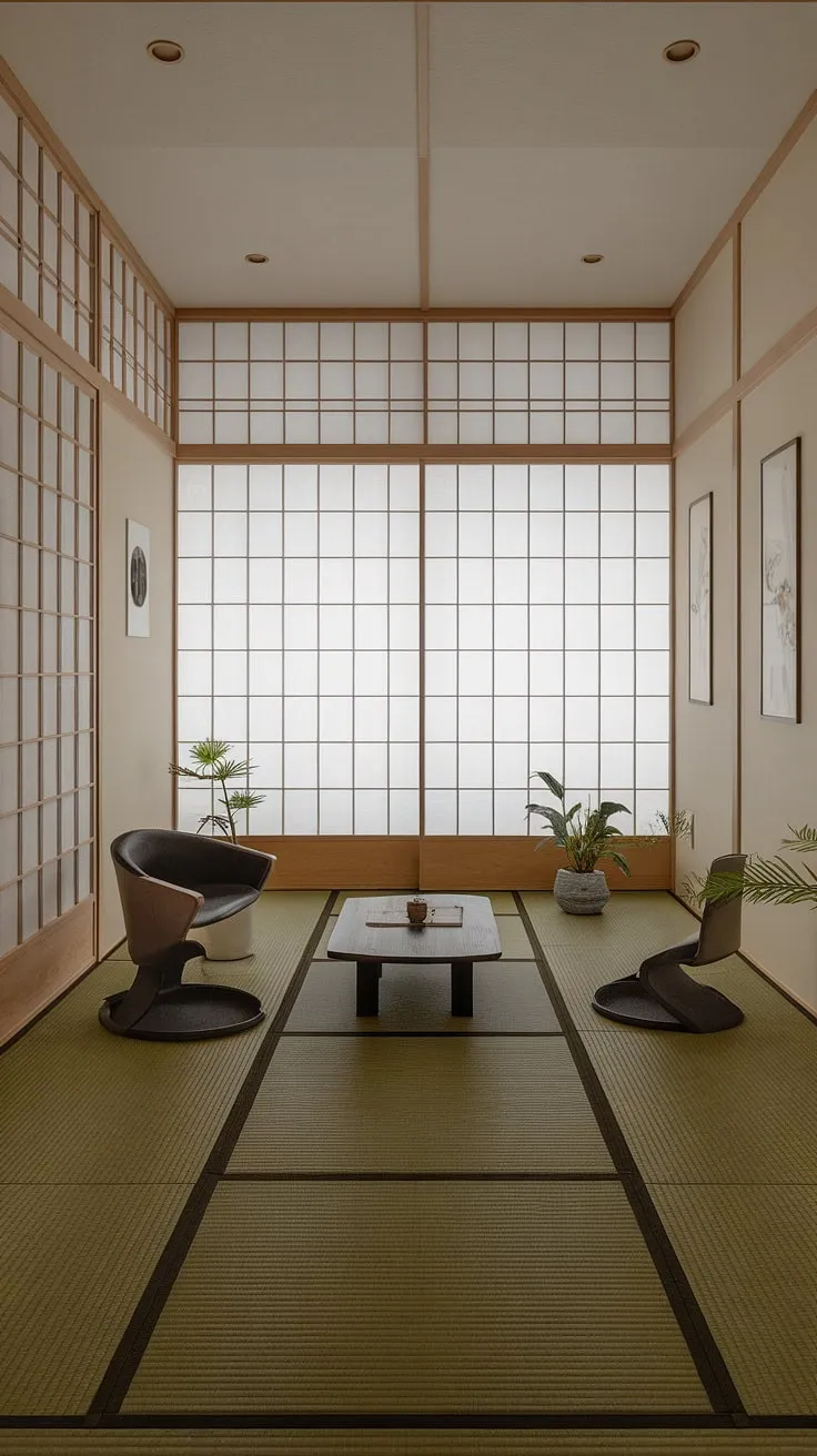 Escape the everyday in this tranquil Japanese-inspired office. The shoji screens diffuse the light, creating a peaceful atmosphere perfect for deep work. A minimalist aesthetic and natural elements foster a sense of calm and focus. A perfect blend of beauty and functionality.
