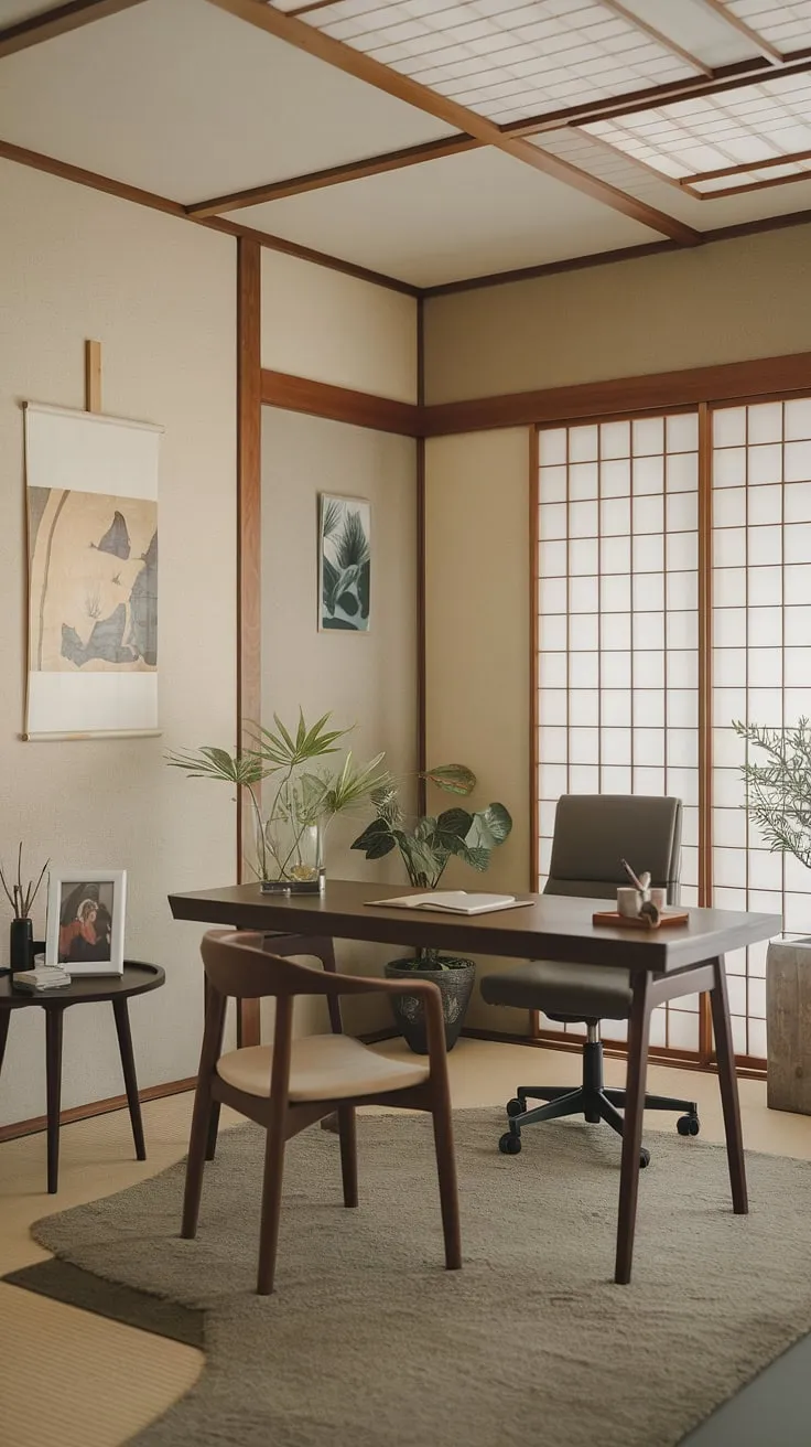 Find your focus in this serene workspace. The minimalist design, incorporating natural wood and calming plants, creates an atmosphere perfect for deep work and mindful reflection. A sanctuary for creativity and productivity.