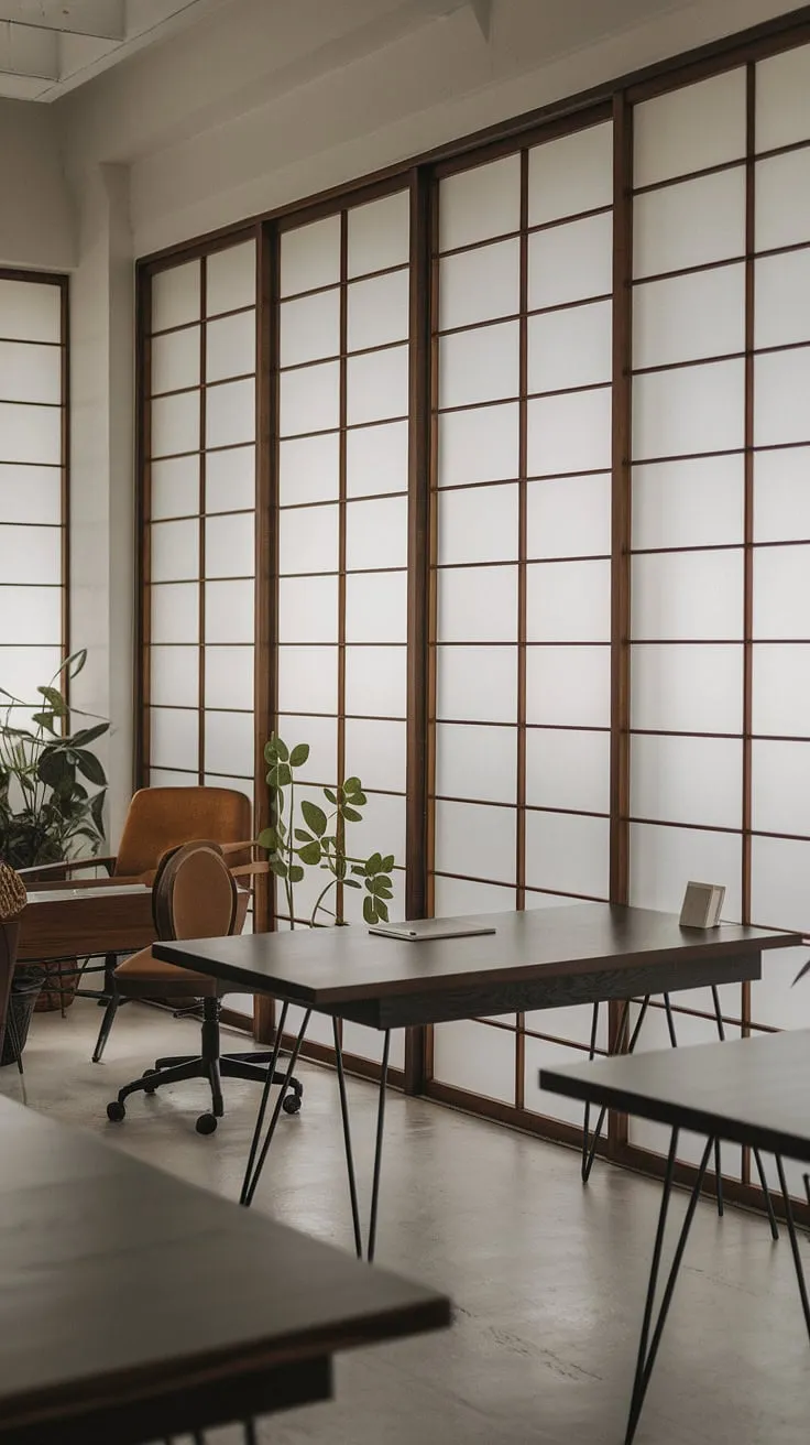 Find your focus in this serene workspace. The minimalist design, featuring mid-century modern desks and ample natural light filtering through frosted glass windows, creates a calming atmosphere perfect for deep work and mindful productivity. A sanctuary for creativity and concentration, this office embodies the principles of Japanese aesthetics.