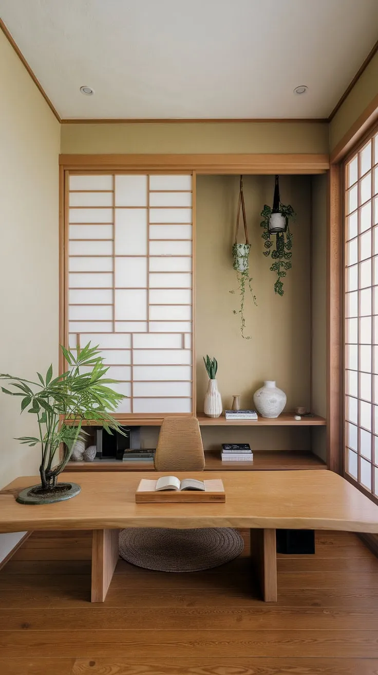 Find your focus in this serene workspace. The soft beige walls, natural wood, and gentle greenery create a calming atmosphere perfect for mindful productivity. A sanctuary for creativity and contemplation, this minimalist Japanese-inspired office offers a tranquil escape from the everyday.