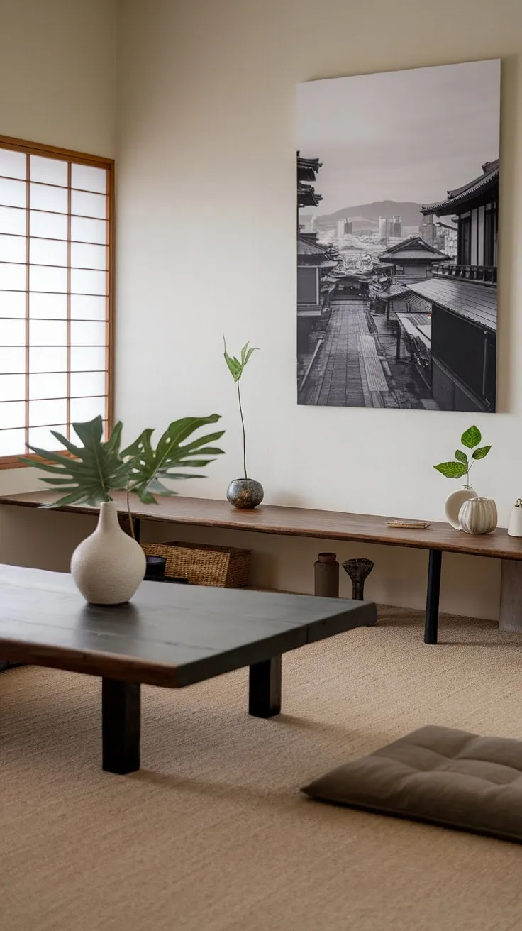 Find your focus in this serene workspace. The minimalist design, featuring a low wooden table, a calming black and white photograph of a Japanese city, and a touch of nature, creates a sanctuary of calm and productivity.