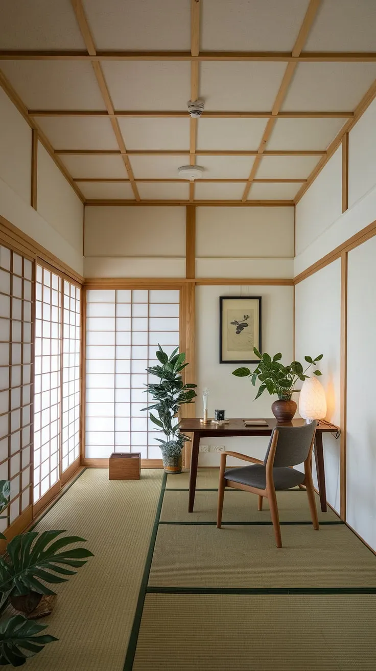 Find your focus in this serene workspace. The minimalist Japanese aesthetic, with its calming shoji screens, tatami mats, and natural wood accents, creates an atmosphere of tranquility perfect for deep work and mindful productivity. A sanctuary for the soul, this office embodies the principles of wabi-sabi, celebrating imperfection and finding beauty in simplicity.