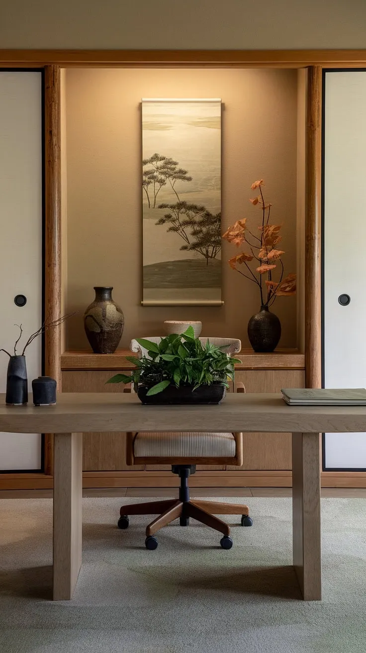 This Japanese-inspired office is a testament to the power of simplicity. Clean lines, natural materials, and carefully chosen décor combine to create a truly inspiring and productive environment. The soft lighting and peaceful atmosphere invite deep concentration and effortless flow.