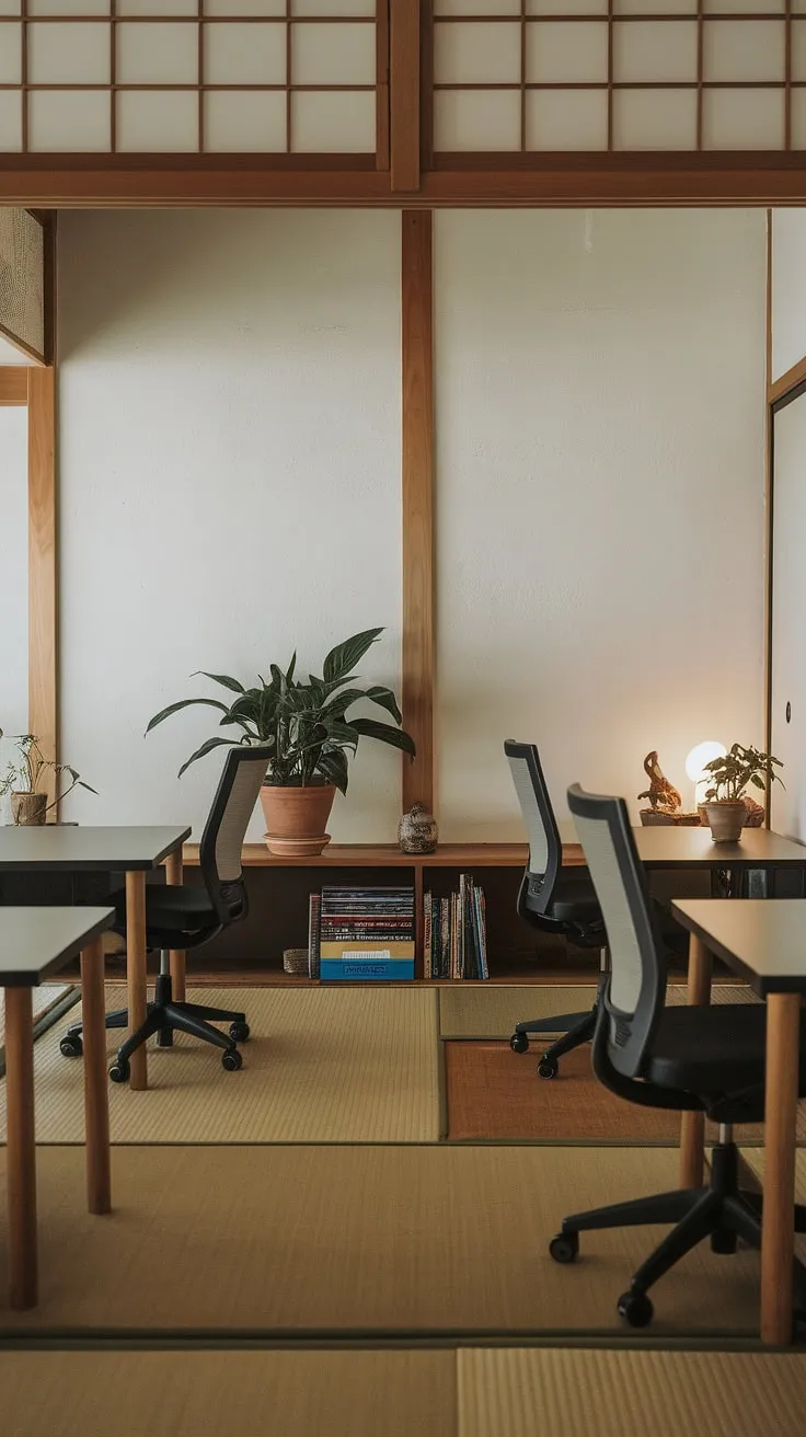 A harmonious blend of Japanese minimalism and modern functionality. This office space, with its clean lines and natural materials, promotes a sense of calm and concentration. A thoughtfully curated environment, it encourages productivity and well-being, creating a space where work feels less like a chore and more like a mindful practice. A true haven for focused work.