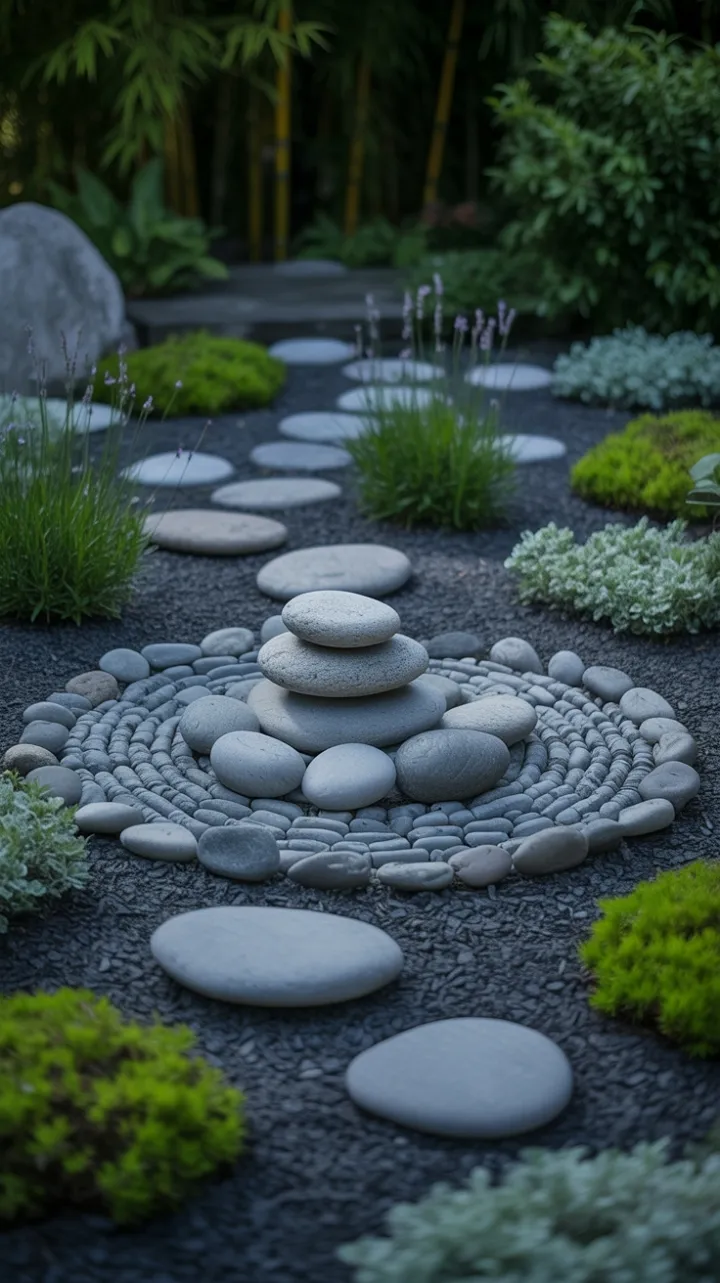 Moonlit Zen Garden of Lavender, Moss and River Stones