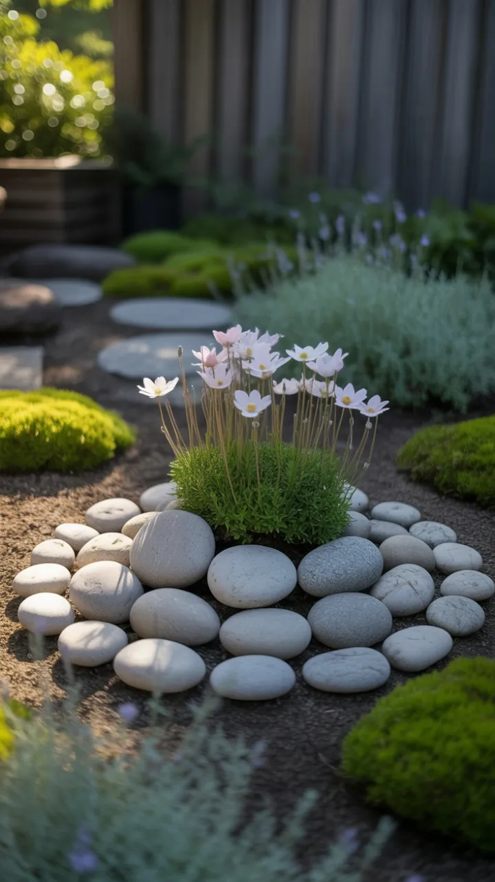 Sunlit Zen Circle of Stones, Moss and Anemones